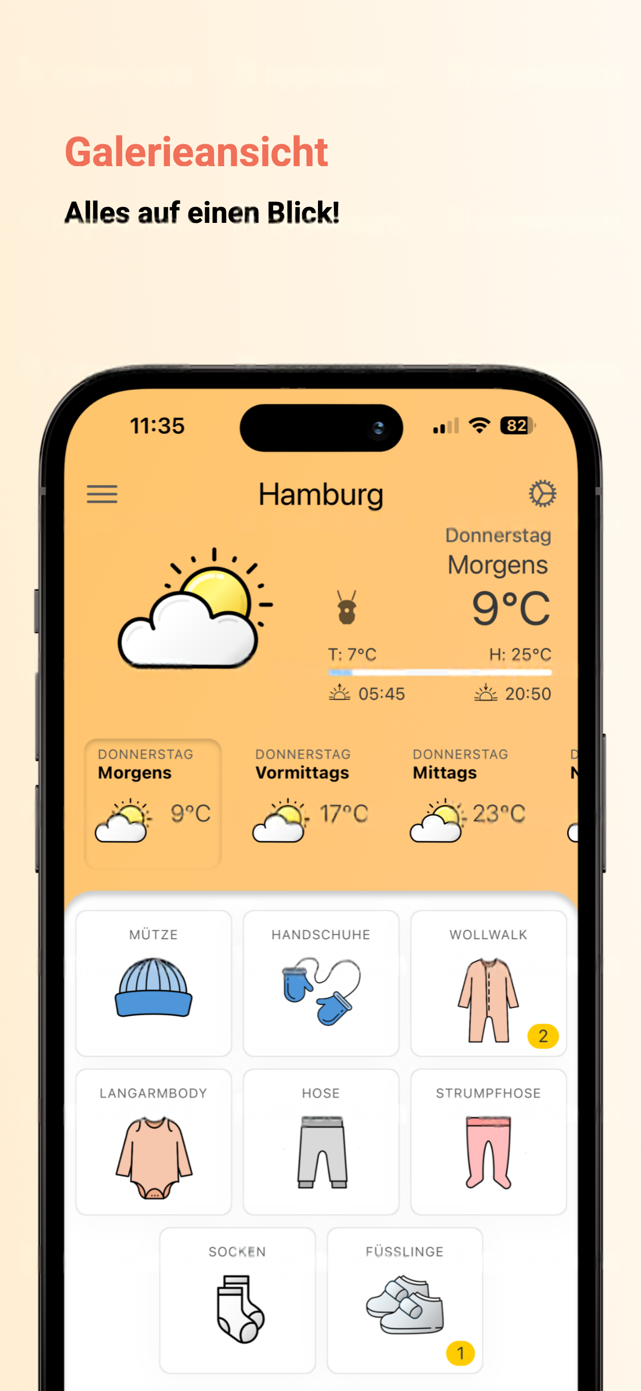 Galerieansicht der App mit Wetter und Kleidungsempfehlungen